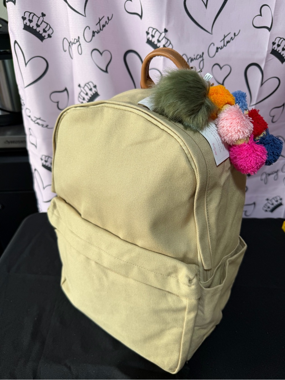 Thirty-one Beige Canvas Backpack with Multicolor Pom-Pom Charm